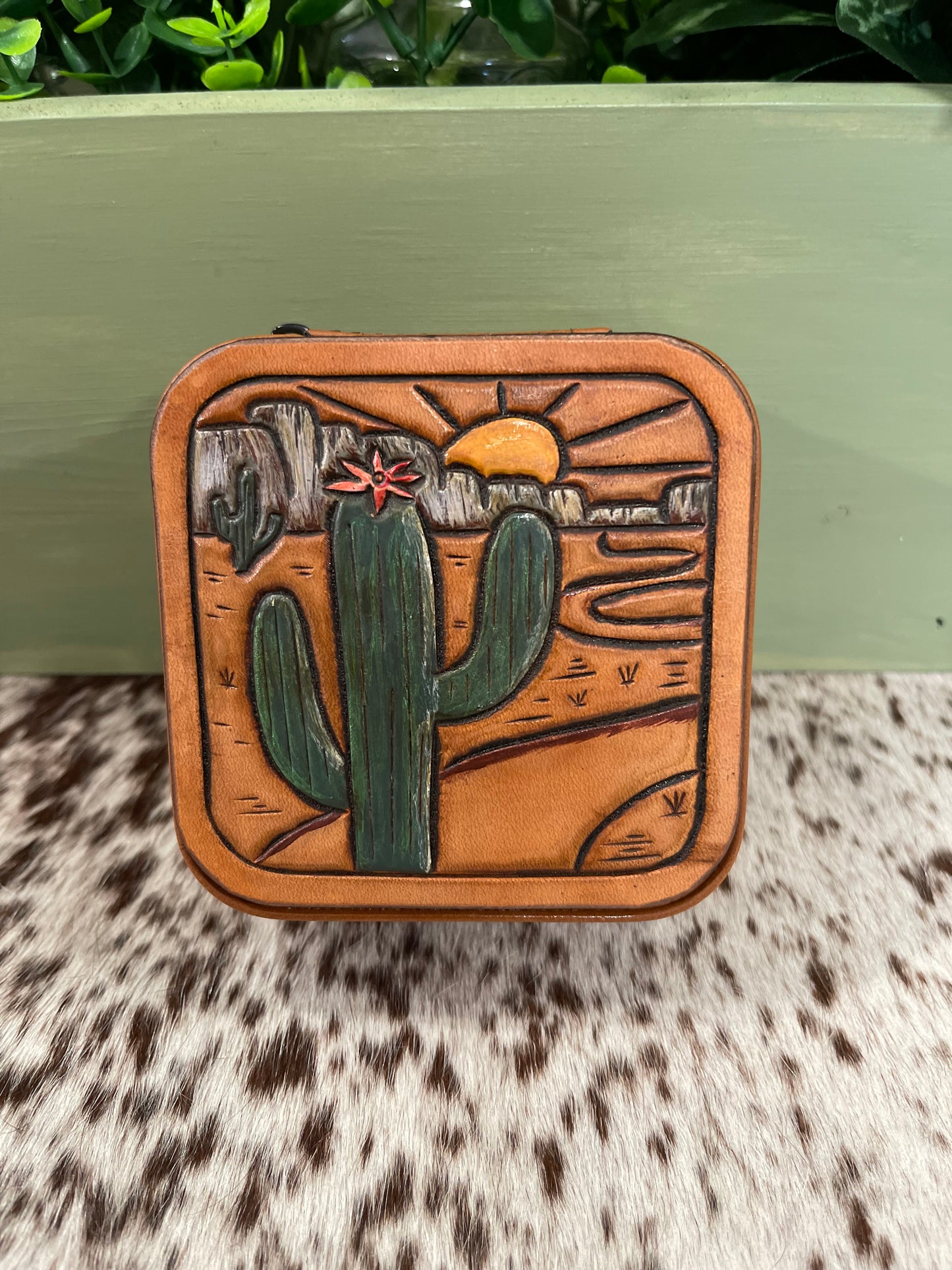 Tooled leather cactus travel jewelry box