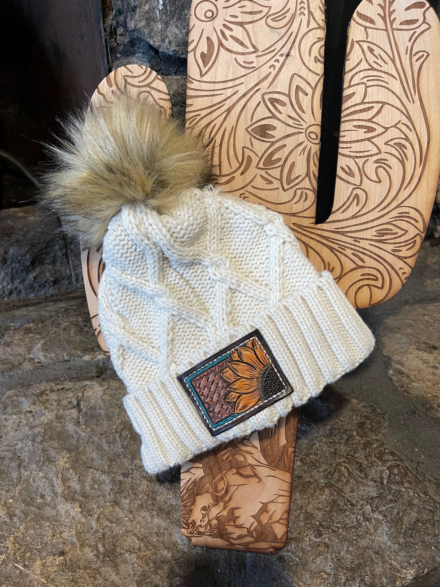 Sunflower basket weave leather patch beanie