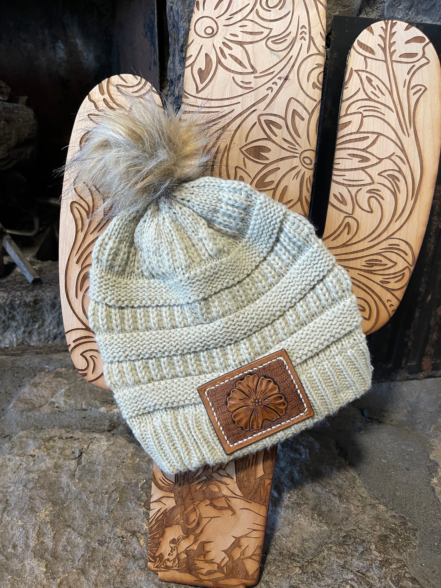 Tan leather patch beanie