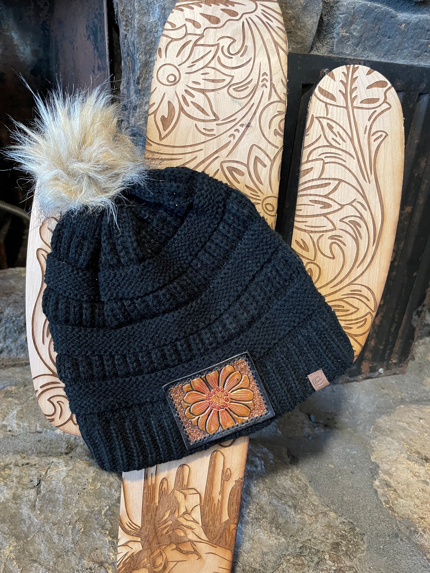 Black beanie with flower leather patch