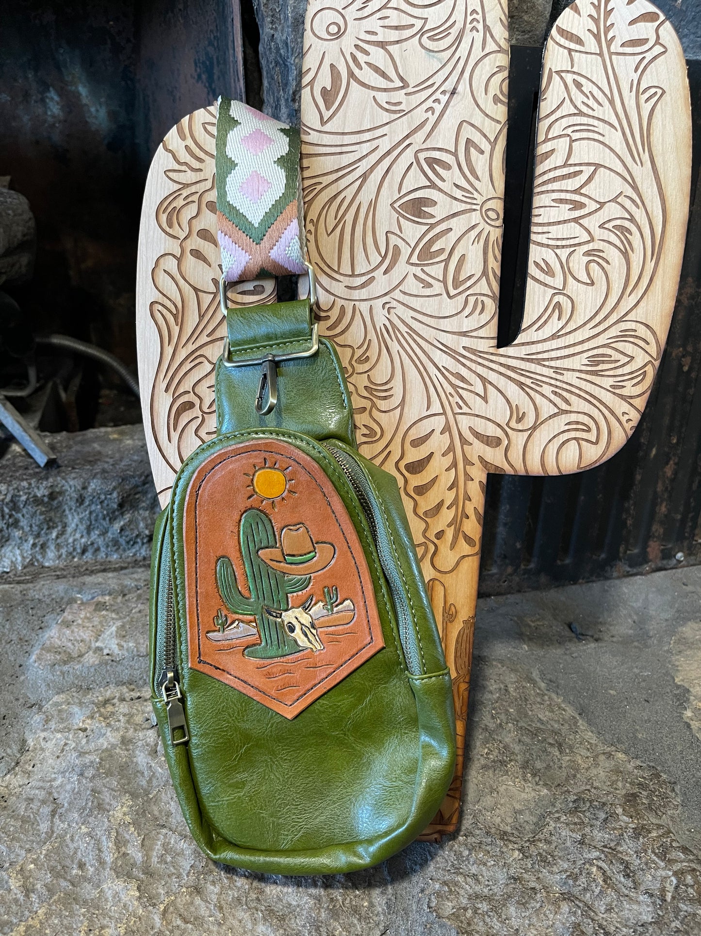 Green cactus crossbody sling bag purse
