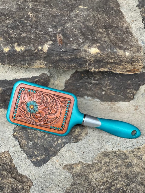 Turquoise Tooled Flower Hair Brush