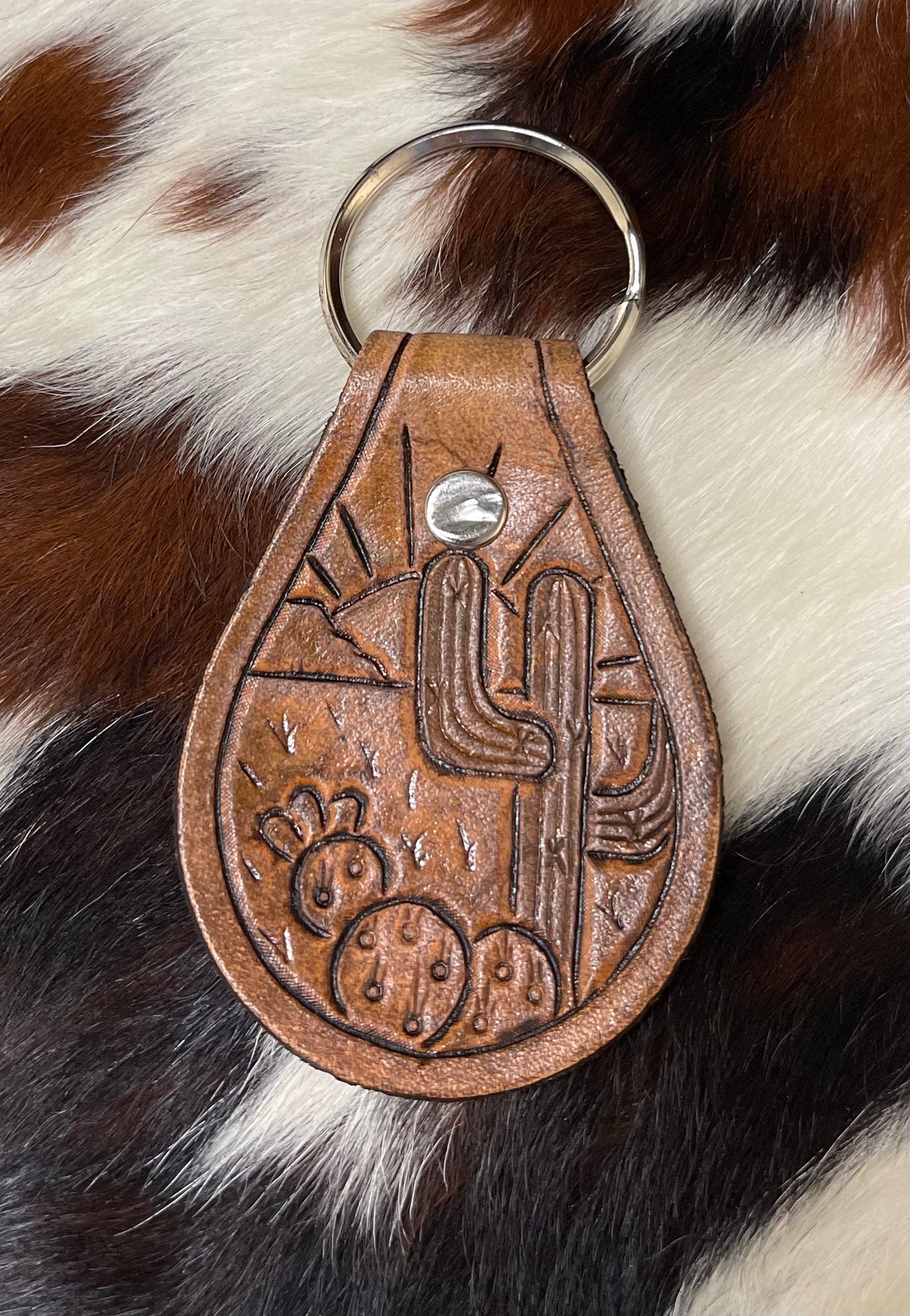 Leather tooled cactus keychain