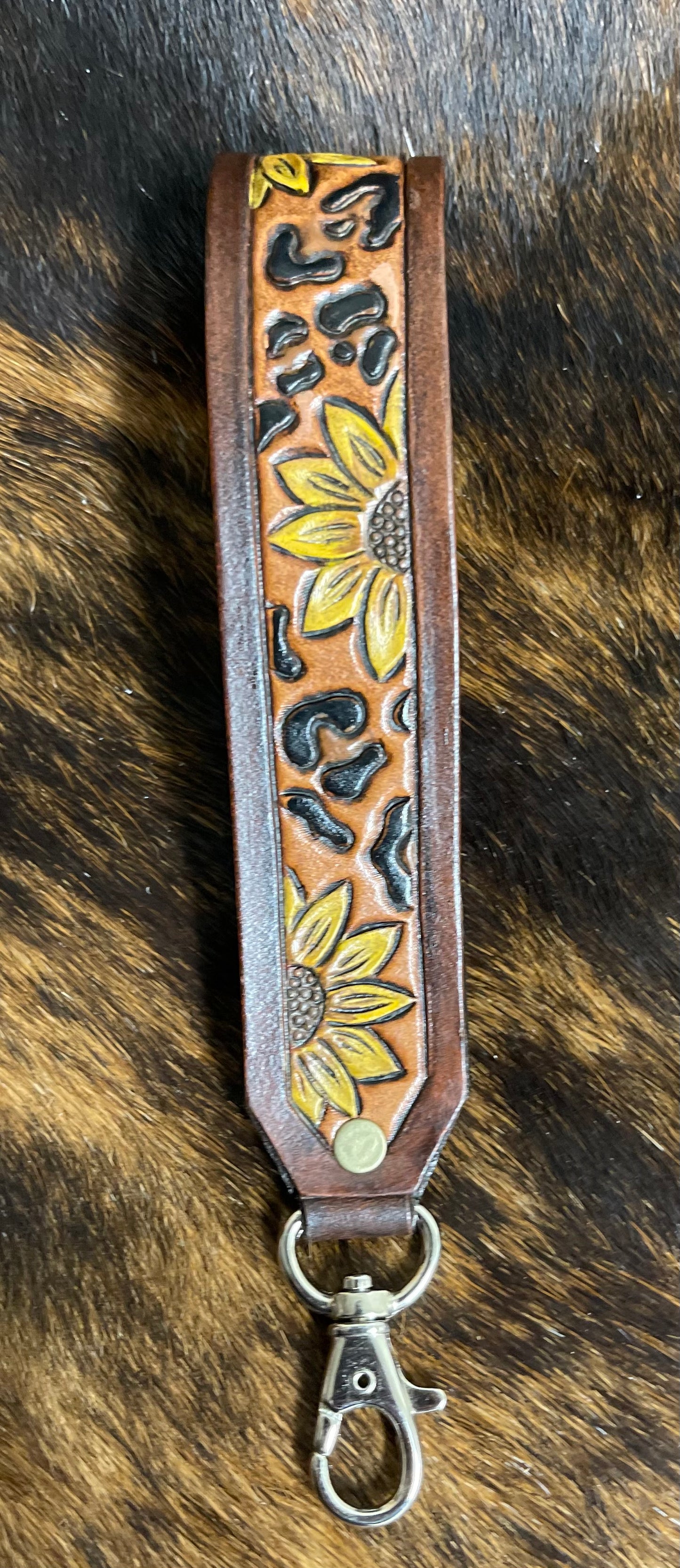 Tooled leather cheetah sunflower wristlet keychain