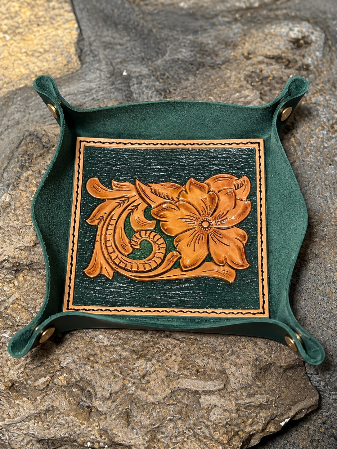 Green leather valet tray