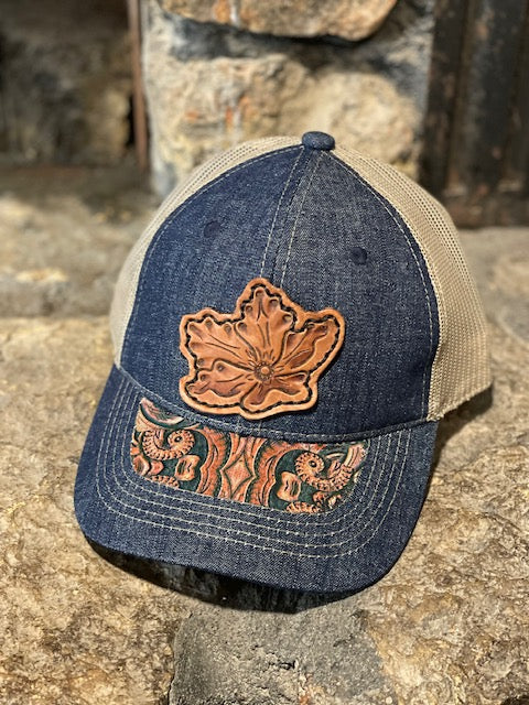 Denim flower Cap with leather patch