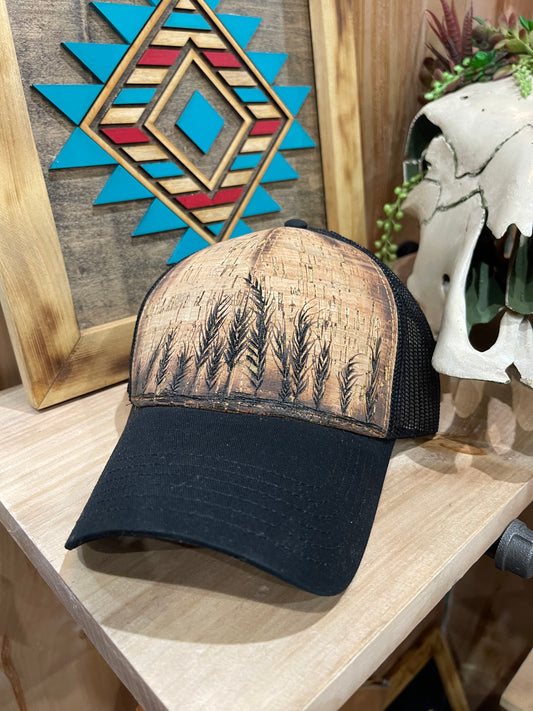 Black and cork burned trucker cap