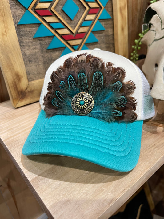 Turquoise and white feather cap