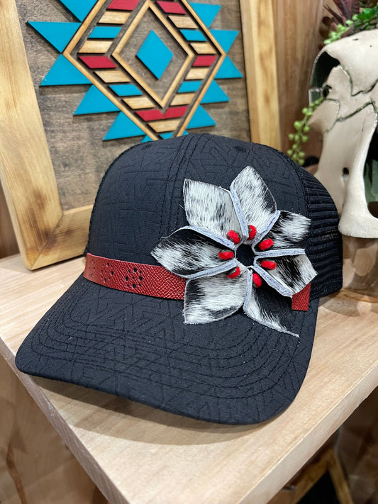 Black cow hide flower trucker cap