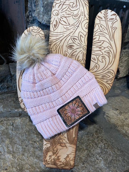 Pink leather patch beanie