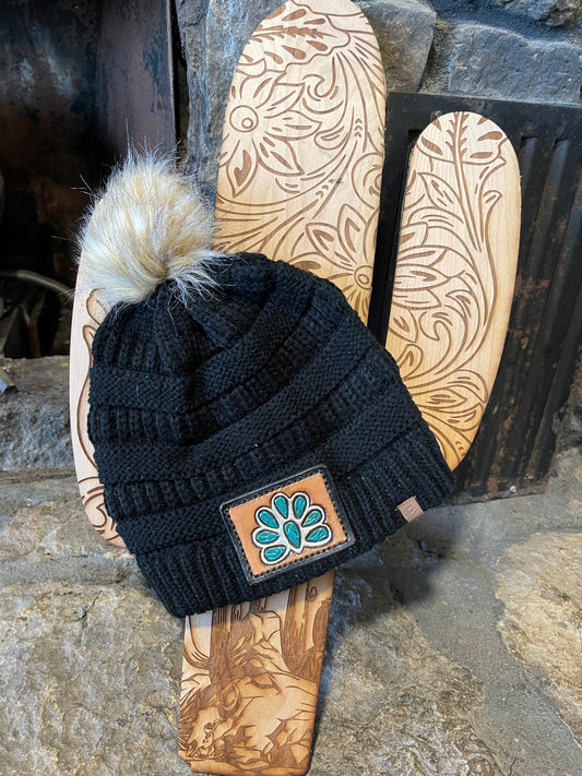 Black leather patch beanie