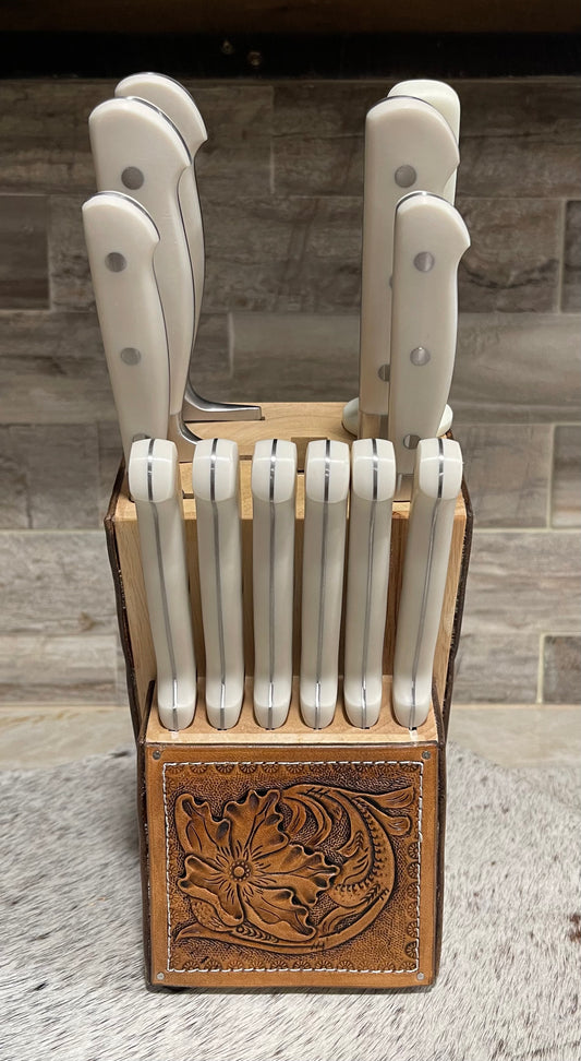 Tooled leather 14 pc knife block set