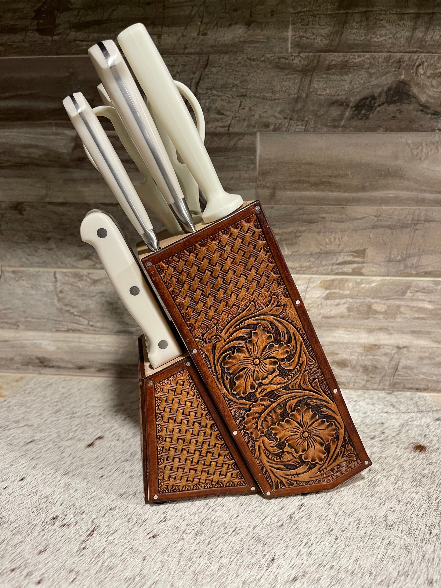 Tooled leather 14 pc knife block set #2
