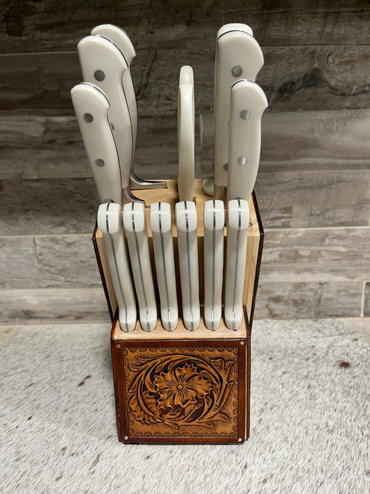 Tooled leather 14 pc knife block set #2