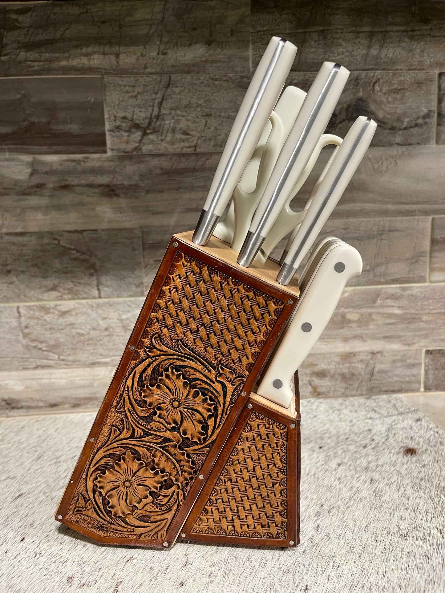 Tooled leather 14 pc knife block set #2
