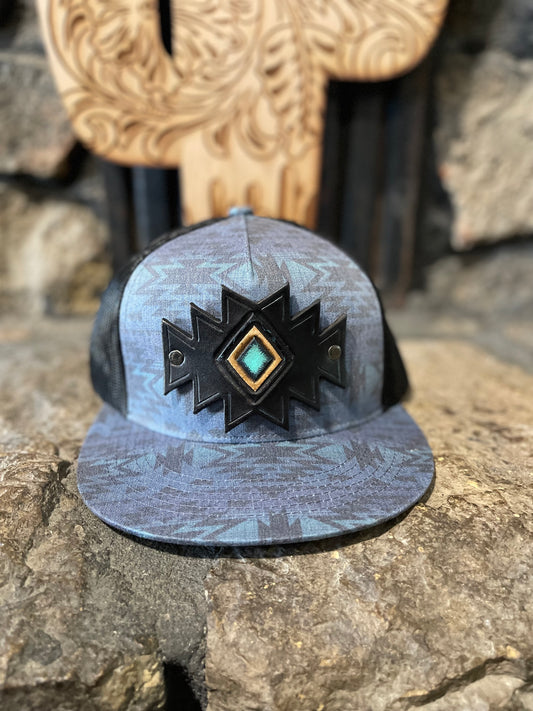 Aztec Blue and black leather patch cap