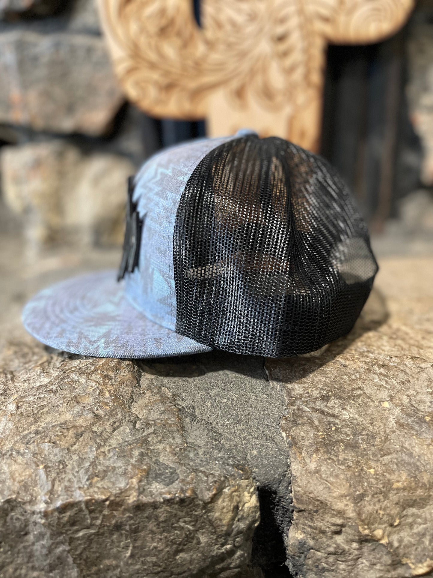 Aztec Blue and black leather patch cap