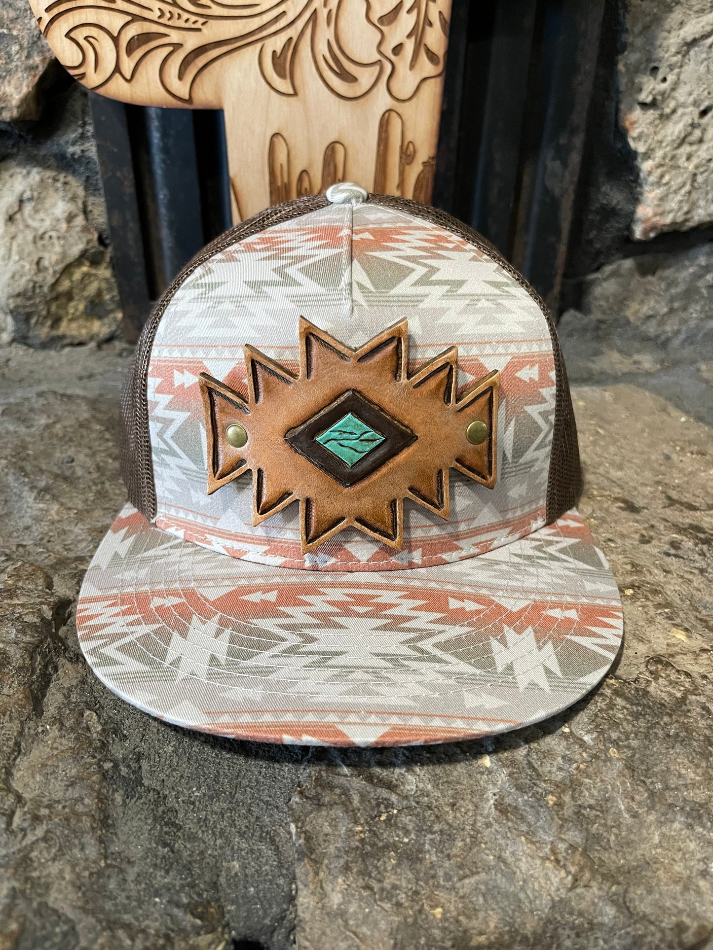 Aztec Brown leather patch cap