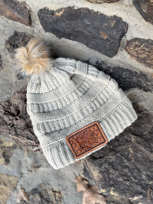 Tan leather patch beanie