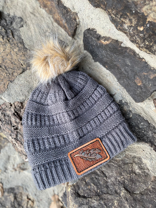 Grey beanie with leather patch