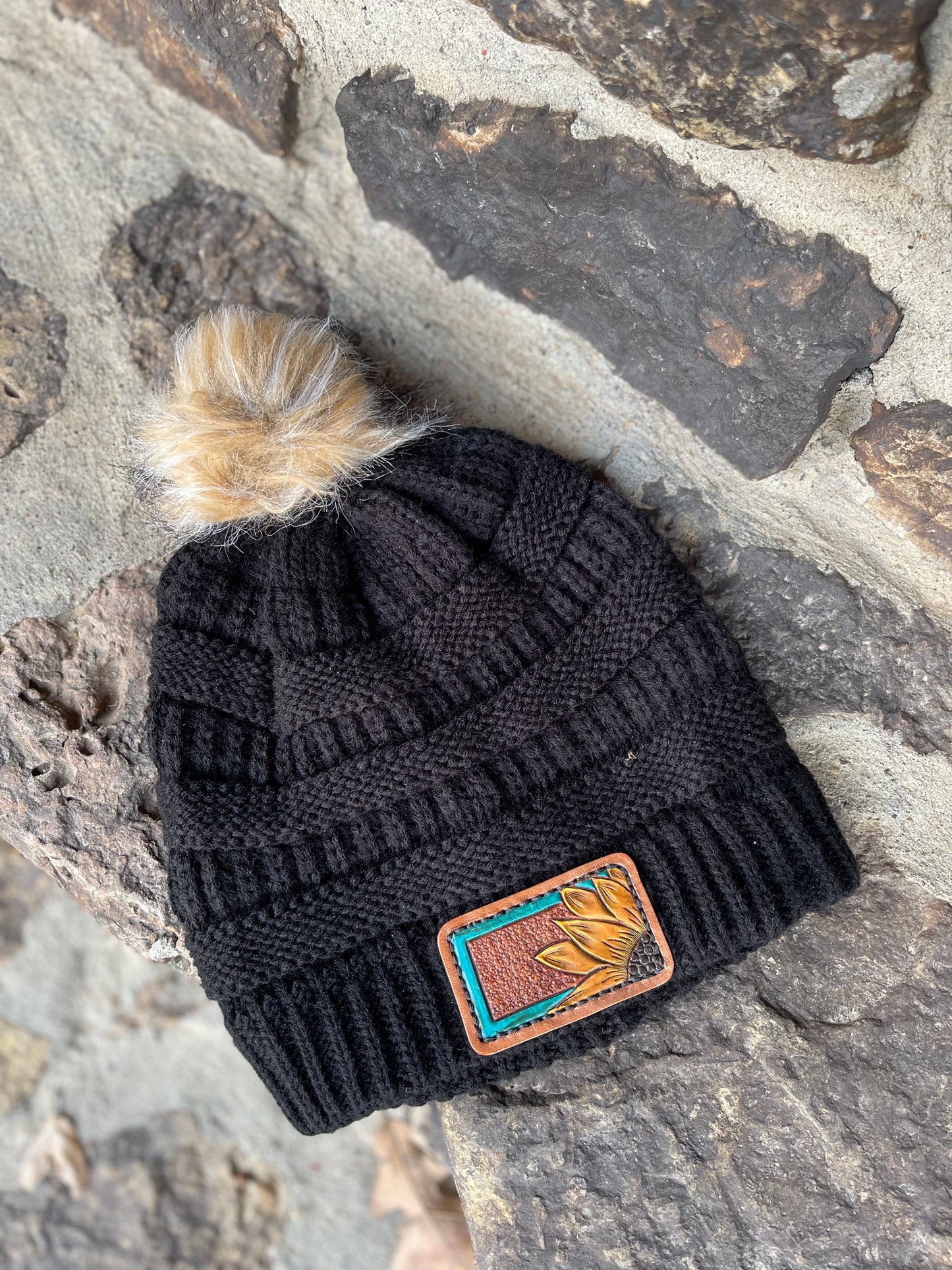 Black leather patch beanie