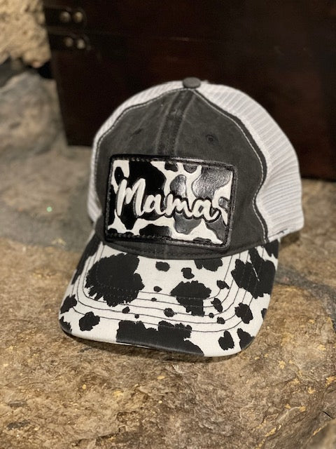 Mama Black and white cow print ponytail leather patch cap