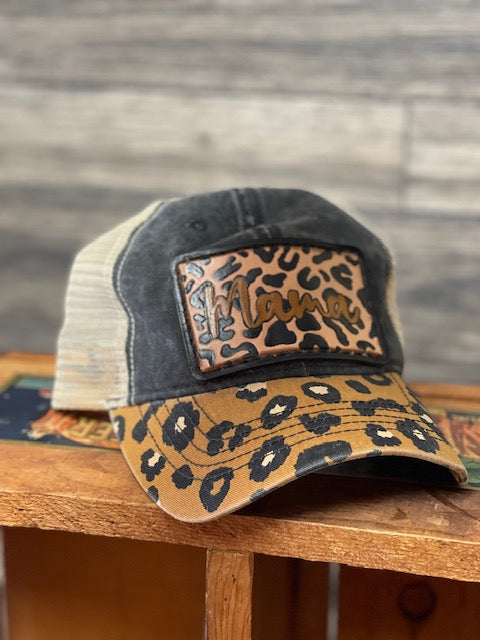 Mama leopard print ponytail leather patch cap